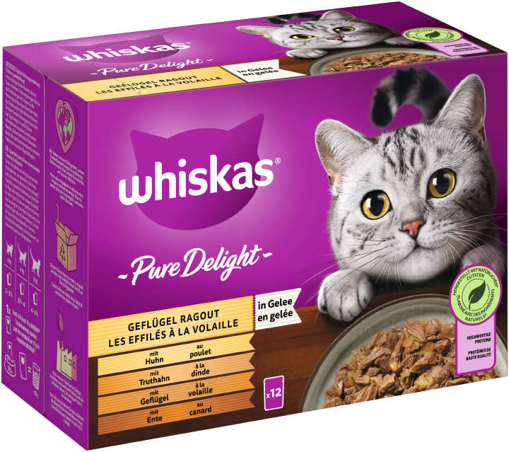 whiskas Katzen-Nassfutter PURE DELIGHT Portionsbeutel Multipack Geflügel Ragout in Gelee 12 x 85g